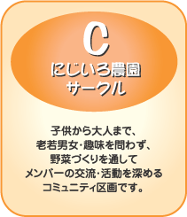C-にじいろ農園サークル　子供から大人まで、老若男女・趣味を問わず、野菜づくりを通してメンバーの交流・活動を深めるコミュニティ区画です。