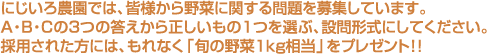にじいろ農園では、皆様から野菜に関する問題を募集しています。A・B・Cの3つの答えから正しいもの1つを選ぶ、設問形式にしてください。採用された方には、もれなく「旬の野菜1kg相当」をプレゼント！！